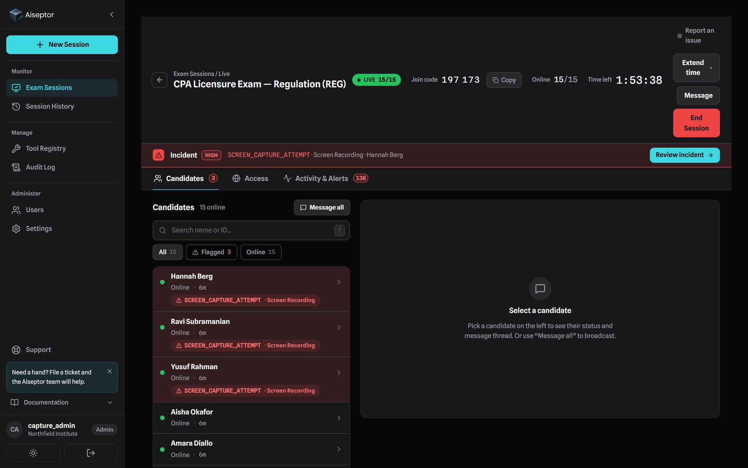 Aiseptor session console: Aegis posture CLEAN, 15 candidates online