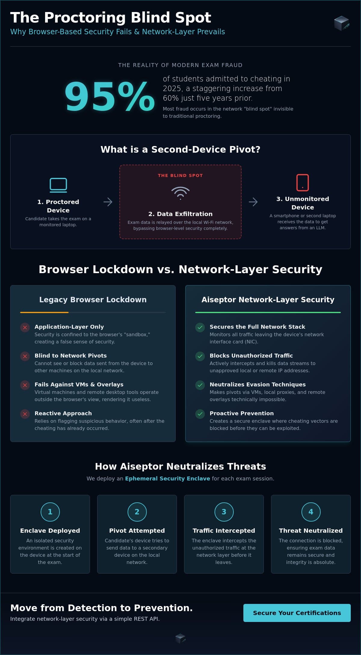 Blocking Second Device Pivots: Neutralizing the Network-Layer Blind Spot in Exam Security infographic